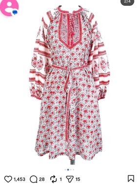 Anokhi Red & Cream Printed Peasant Dress with Tie Waist